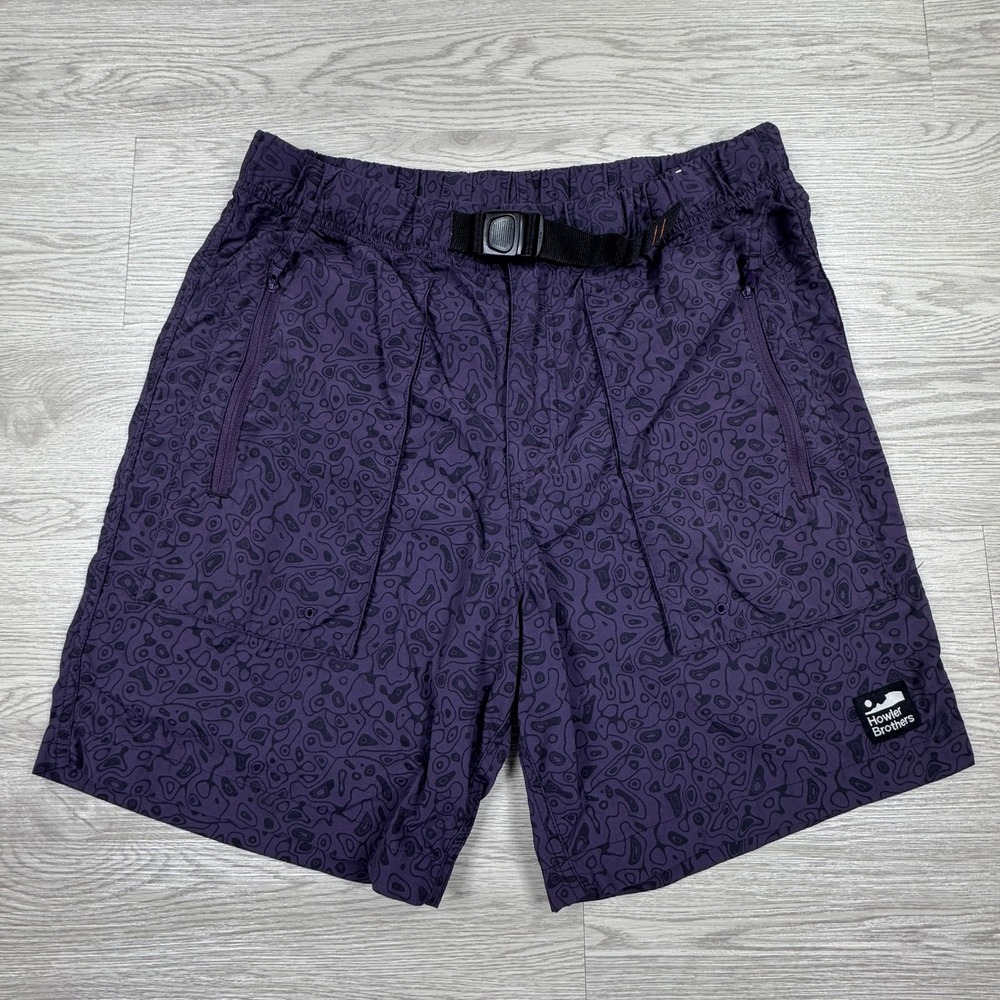 Howler Brothers Mens‎ Shorts Horizon Hybrid Purple 32 Topographic Print Belted
